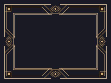 Art deco çerçeve. Klasik doğrusal sınır. Davetiyeler, broşürler ve tebrik kartları için bir şablon tasarla. Geometrik altın çerçeveli. 1920 'lerin tarzı - 1930' lar. Vektör illüstrasyonu