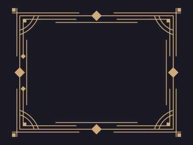 Art deco çerçeve. Klasik doğrusal sınır. Davetiyeler, broşürler ve tebrik kartları için bir şablon tasarla. Geometrik altın çerçeveli. 1920 'lerin tarzı - 1930' lar. Vektör illüstrasyonu
