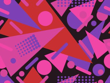 80 'lerin memphis tarzında geometrik kusursuz desen. Geometrik şekiller üçgenler, daireler ve noktalar. Kağıt, reklam materyali ve kumaş basmak için modaya uygun bir geçmişe dönüş. Vektör illüstrasyonu