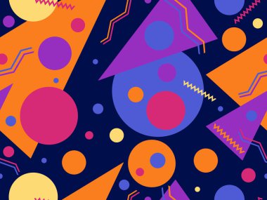 80 'lerin memphis tarzında geometrik kusursuz desen. Geometrik şekiller üçgenler, daireler ve noktalar. Kağıt, reklam materyali ve kumaş basmak için modaya uygun bir geçmişe dönüş. Vektör illüstrasyonu