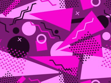 80 'lerin memphis tarzında geometrik kusursuz desen. Geometrik şekiller üçgenler, daireler ve noktalar. Kağıt, reklam materyali ve kumaş basmak için modaya uygun bir geçmişe dönüş. Vektör illüstrasyonu