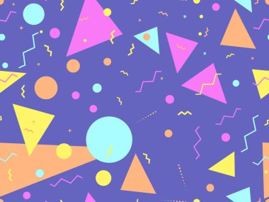 80 'lerin memphis tarzında geometrik kusursuz desen. Geometrik şekiller üçgenler, daireler ve noktalar. Kağıt, reklam materyali ve kumaş basmak için modaya uygun bir geçmişe dönüş. Vektör illüstrasyonu
