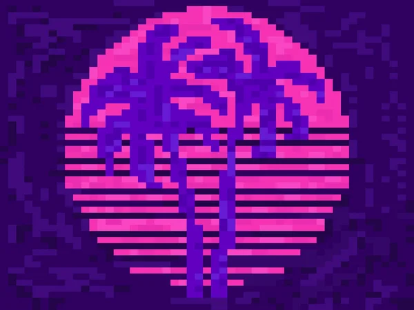 Pixel Kunstpalmbomen Bij Zonsondergang 80S Stijl Bit Zon Synthwave Retrowave — Stockvector