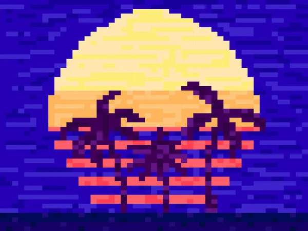 Pixel Kunstpalmbomen Bij Zonsondergang 80S Stijl Bit Zon Synthwave Retrowave — Stockvector