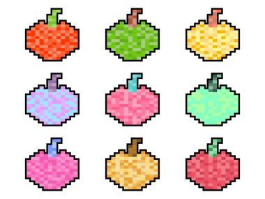 Apple simgesi beyaz arkaplanda izole edildi. 2D retro tarzında 8 bit elma ikonu. Baskı, ambalaj kağıdı ve reklam için geçmişe dönük tasarım. Vektör illüstrasyonu