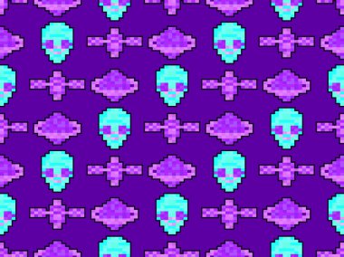 90 'lardan kalma video oyunları tarzında 8 bit grafikli kusursuz bir uzay teması. Piksel uydu, uzaylı ve satürn. Baskı, ambalaj ve reklam için tasarlandı. Vektör illüstrasyonu