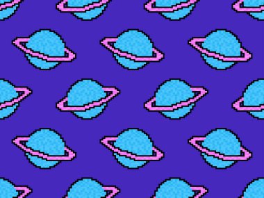 Satürn pikseli kusursuz desen. Satürn 8 bit grafiksel video oyunları 90 'lar. Baskı, ambalaj kağıdı ve reklam için tasarlandı. Vektör illüstrasyonu