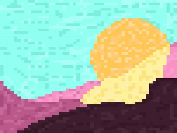 有高山和阳光的皮克斯尔风景 太阳以像素艺术风格从山上升起 复古8位游戏的90年代2D游戏 矢量说明 — 图库矢量图片
