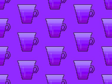 Piksel sanat tarzında bir fincan kusursuz kahve. Kahve fincanı 90lardan kalma 8 bit retro oyun grafikleri. Baskı, ambalaj kağıdı ve reklam için tasarlandı. Vektör illüstrasyonu