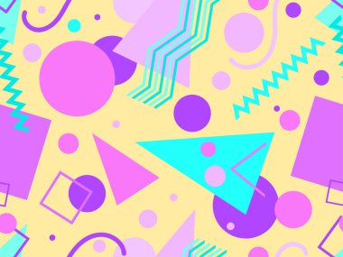 Memphis kusursuz desen. Geometrik elementler 80 'ler tarzında memphis. Kağıt, reklam materyali ve kumaş basmak için modaya uygun bir geçmişe dönüş. Vektör illüstrasyonu