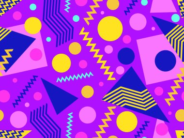 Memphis kusursuz desen. Geometrik elementler 80 'ler tarzında memphis. Kağıt, reklam materyali ve kumaş basmak için modaya uygun bir geçmişe dönüş. Vektör illüstrasyonu