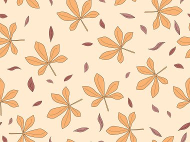 Kestane pürüzsüz bir iz bırakır. Sonbahar yaprakları dökülüyor. Paket kağıdı, baskı, kumaş ve baskı için tasarlandı. Vektör illüstrasyonu