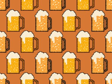 Piksel birası pürüzsüz desen. Bir bardak bira pikseli. 8 bit bardak, pikselli içecekler. 90 'lardan kalma grafiksel video oyunları. Oyunlar, ambalajlar ve reklamlar için tasarım. Vektör illüstrasyonu