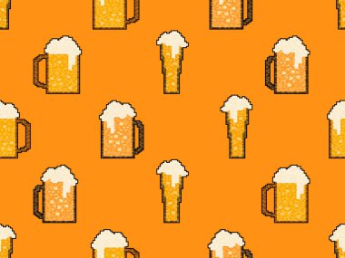 Piksel birası pürüzsüz desen. Bir bardak bira pikseli. 8 bit bardak, pikselli içecekler. 90 'lardan kalma grafiksel video oyunları. Oyunlar, ambalajlar ve reklamlar için tasarım. Vektör illüstrasyonu