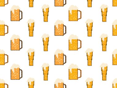 Piksel birası pürüzsüz desen. Bir bardak bira pikseli. 8 bit bardak, pikselli içecekler. 90 'lardan kalma grafiksel video oyunları. Oyunlar, ambalajlar ve reklamlar için tasarım. Vektör illüstrasyonu