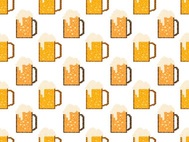 Piksel birası pürüzsüz desen. Bir bardak bira pikseli. 8 bit bardak, pikselli içecekler. 90 'lardan kalma grafiksel video oyunları. Oyunlar, ambalajlar ve reklamlar için tasarım. Vektör illüstrasyonu