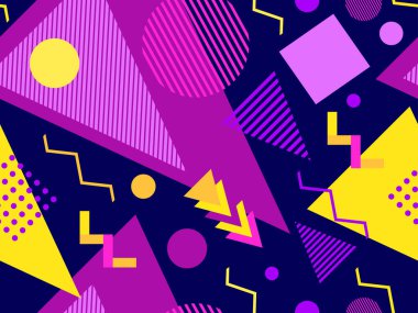 Memphis kusursuz desen. Geometrik elementler 80 'ler tarzında memphis. Kağıt, reklam materyali ve kumaş basmak için modaya uygun bir geçmişe dönüş. Vektör illüstrasyonu