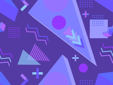 Memphis kusursuz desen. Geometrik elementler 80 'ler tarzında memphis. Kağıt, reklam materyali ve kumaş basmak için modaya uygun bir geçmişe dönüş. Vektör illüstrasyonu