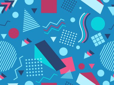 Memphis kusursuz desen. Geometrik elementler 80 'ler tarzında memphis. Kağıt, reklam materyali ve kumaş basmak için modaya uygun bir geçmişe dönüş. Vektör illüstrasyonu