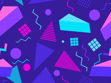 Memphis kusursuz desen. Geometrik elementler 80 'ler tarzında memphis. Kağıt, reklam materyali ve kumaş basmak için modaya uygun bir geçmişe dönüş. Vektör illüstrasyonu
