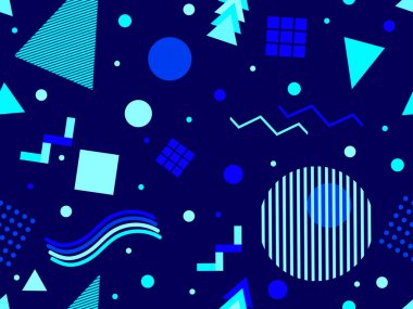 Memphis kusursuz desen. Geometrik elementler 80 'ler tarzında memphis. Kağıt, reklam materyali ve kumaş basmak için modaya uygun bir geçmişe dönüş. Vektör illüstrasyonu