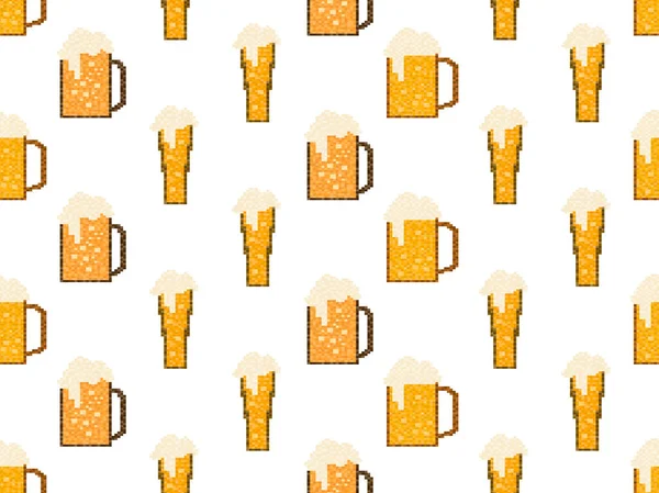 Piksel birası pürüzsüz desen. Bir bardak bira pikseli. 8 bit bardak, pikselli içecekler. 90 'lardan kalma grafiksel video oyunları. Oyunlar, ambalajlar ve reklamlar için tasarım. Vektör illüstrasyonu