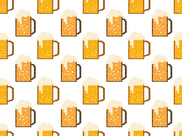 Pixel Patrón Cerveza Sin Costura Vaso Cerveza Pixel Art Taza — Vector de stock