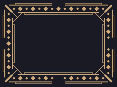 Art deco çerçeve. Klasik doğrusal sınır. Davetiyeler, broşürler ve tebrik kartları için bir şablon tasarla. Geometrik altın çerçeveli. 1920 'lerin tarzı - 1930' lar. Vektör illüstrasyonu
