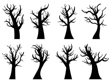 Sonbahar ağaçları beyaz arka planda izole edilmiş. Yapraksız ağaç siluetleri. Çıplak ağaçlar. Posterler, afişler ve promosyon ürünleri için tasarım. Vektör illüstrasyonu
