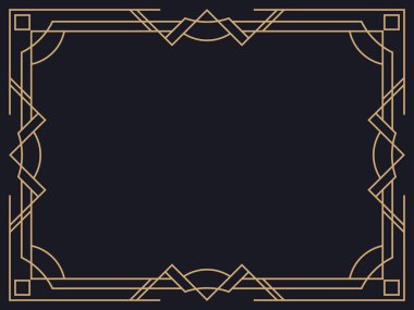 Art deco çerçeve. Klasik doğrusal sınır. Davetiyeler, broşürler ve tebrik kartları için bir şablon tasarla. Geometrik altın çerçeveli. 1920 'lerin tarzı - 1930' lar. Vektör illüstrasyonu