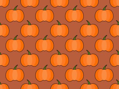 Balkabakları pürüzsüz desen. Balkabaklarıyla sonbahar arkaplanı, Cadılar Bayramı ve Şükran Günü için güzel bir tasarım. Ambalaj kağıtları, afişler, posterler ve reklam malzemeleri için tasarım. Vektör illüstrasyonu