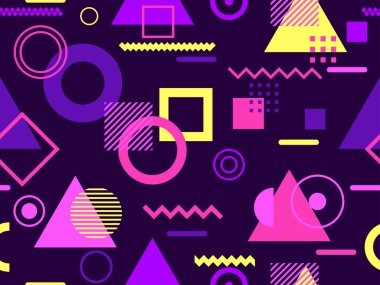 Memphis kusursuz desen. Geometrik elementler 80 'ler tarzında memphis. Üçgenlerin, zikzaklar ve dairelerin bileşimi. Broşürler, afişler ve baskılar için arka plan. Vektör illüstrasyonu