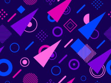 Memphis kusursuz desen. Geometrik elementler 80 'ler tarzında memphis. Üçgenlerin, zikzaklar ve dairelerin bileşimi. Broşürler, afişler ve baskılar için arka plan. Vektör illüstrasyonu