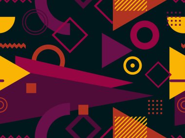 Memphis kusursuz desen. Geometrik elementler 80 'ler tarzında memphis. Üçgenlerin, zikzaklar ve dairelerin bileşimi. Broşürler, afişler ve baskılar için arka plan. Vektör illüstrasyonu