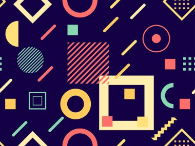 Memphis kusursuz desen. Geometrik elementler 80 'ler tarzında memphis. Üçgenlerin, zikzaklar ve dairelerin bileşimi. Broşürler, afişler ve baskılar için arka plan. Vektör illüstrasyonu