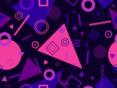 Memphis kusursuz desen. Geometrik elementler 80 'ler tarzında memphis. Üçgenlerin, zikzaklar ve dairelerin bileşimi. Broşürler, afişler ve baskılar için arka plan. Vektör illüstrasyonu