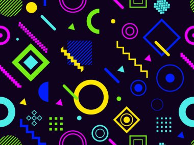 Memphis kusursuz desen. Geometrik elementler 80 'ler tarzında memphis. Üçgenlerin, zikzaklar ve dairelerin bileşimi. Broşürler, afişler ve baskılar için arka plan. Vektör illüstrasyonu