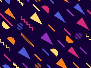 Memphis kusursuz desen. 80 'lerin geometrik şekilli grafiksel soyut deseni. Kağıt, reklam materyali ve afiş basmak için arka plan. Vektör illüstrasyonu