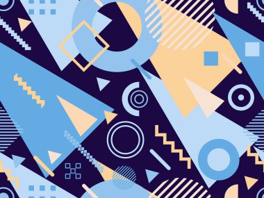 Memphis kusursuz desen. 80 'lerin geometrik şekilli grafiksel soyut deseni. Kağıt, reklam materyali ve afiş basmak için arka plan. Vektör illüstrasyonu