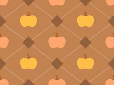 Sonbahar, balkabakları ve geometrik şekilli, pürüzsüz desen. Cadılar Bayramı ve Şükran Günü için ambalaj kağıdı, pankart ve tanıtım malzemeleri için sonbahar tasarımı. Vektör illüstrasyonu