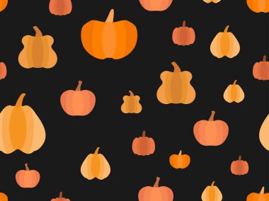 Balkabakları pürüzsüz desen. Ambalaj kağıtları, afişler ve reklam malzemeleri için sonbahar arkaplanı. Cadılar Bayramı ve Şükran Günü tasarımı. Vektör illüstrasyonu