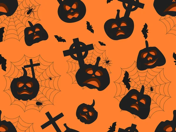 Halloween Naadloos Patroon Met Pompoenen Kruisen Spinnenwebben Vakantie Symbolen Ontwerp — Stockvector