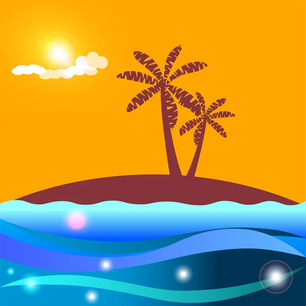 Two palm trees on the island. Sea and reflections on the waves. — Stock Vector