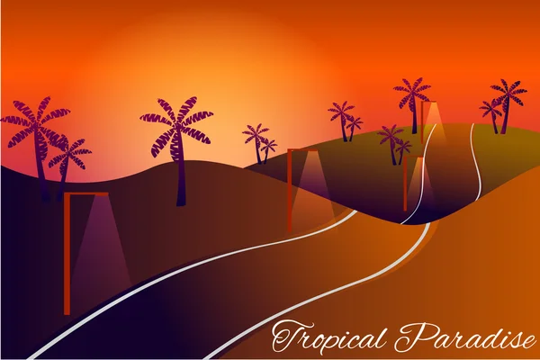 Tropical paradise. Road into the sunset. Tropical twilight . Beautiful summer card — Stock Vector