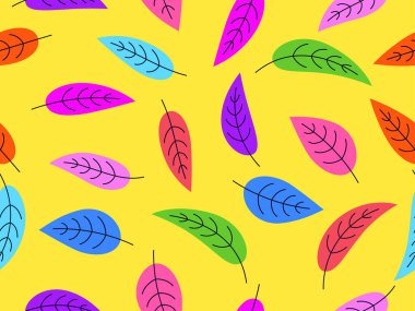 Seamless pattern with leaves in a bright color palette. Autumn background with leaves in a simple style. Autumn falling leaves for print, banners, and wrapping paper. Vector illustration