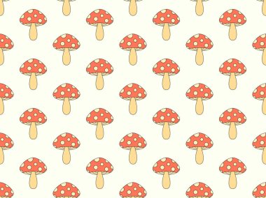 Mushrooms seamless pattern. Mushrooms on a stem. Amanita mushroom with dots on the cap. Background with fly agarics or wallpapers, covers, wrappers and banners. Vector illustration
