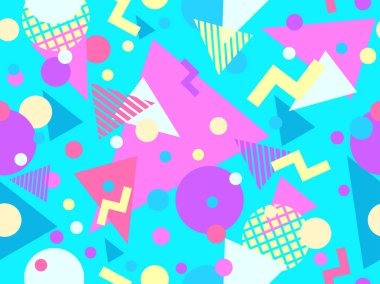 Geometric seamless pattern in 80s style. Colorful pattern with different geometric shapes. Design for packaging, covers, wrapping and promotional products. Vector illustration
