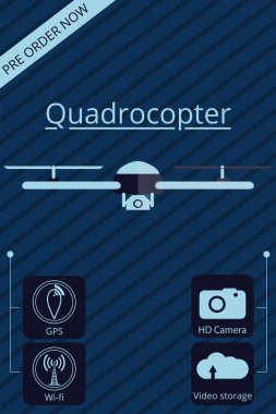 Quadrocopter, dron. Vektör promosyon Infographic. İnsansız hava aracı.
