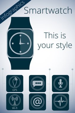 Smartwatch. Fitness izci. Etkinlik izleyicisi. Vektör promosyon Infographic. Temel özellikleri simgelerle gösterilir.