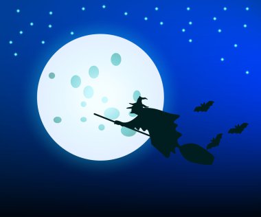 Arka plan ay üzerinde bir süpürge üzerinde uçan cadı. Gece gökyüzü, dolunay. Cadılar Bayramı resmi. Yarasalar. Siyah siluet. Vektör çizim.